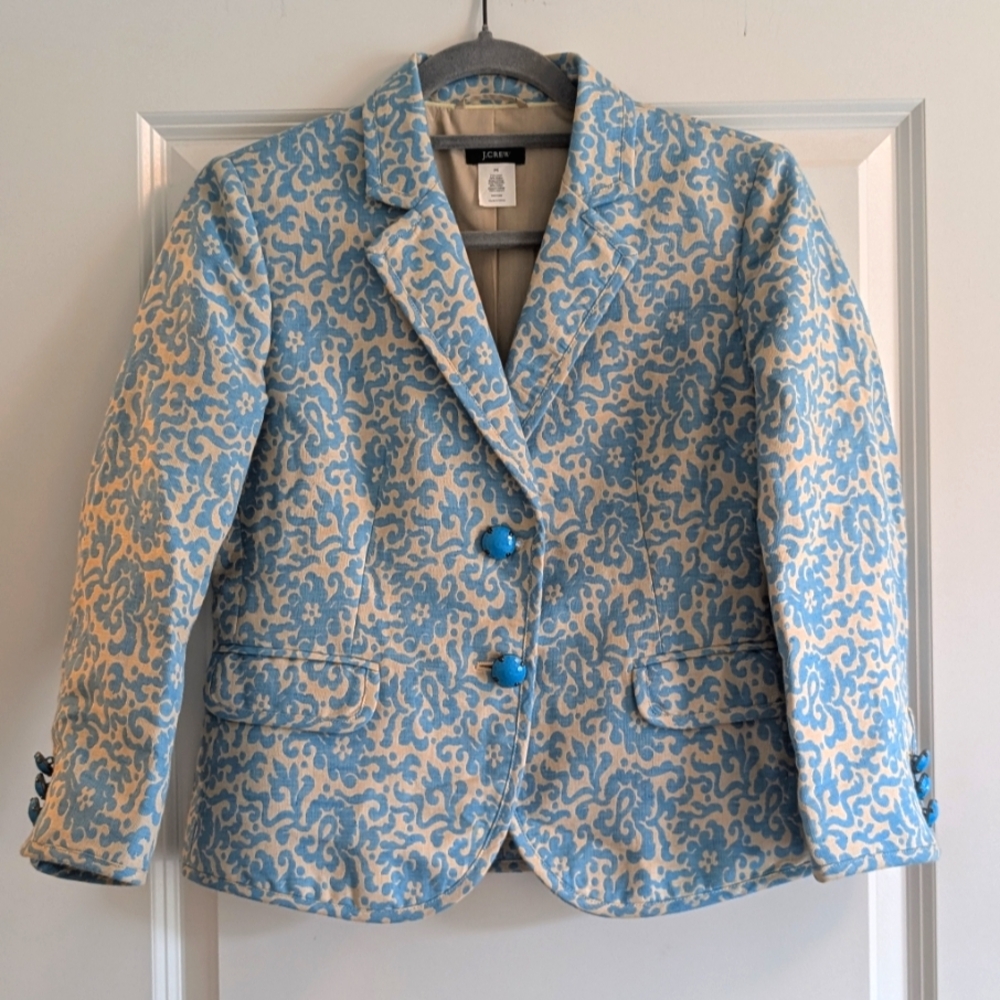 EUC J. Crew- Blue and Cream Floral Brocade Blazer 6P